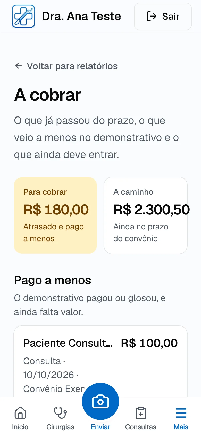 Relatório A cobrar com o valor para cobrar, o valor a caminho e os pagamentos a menos