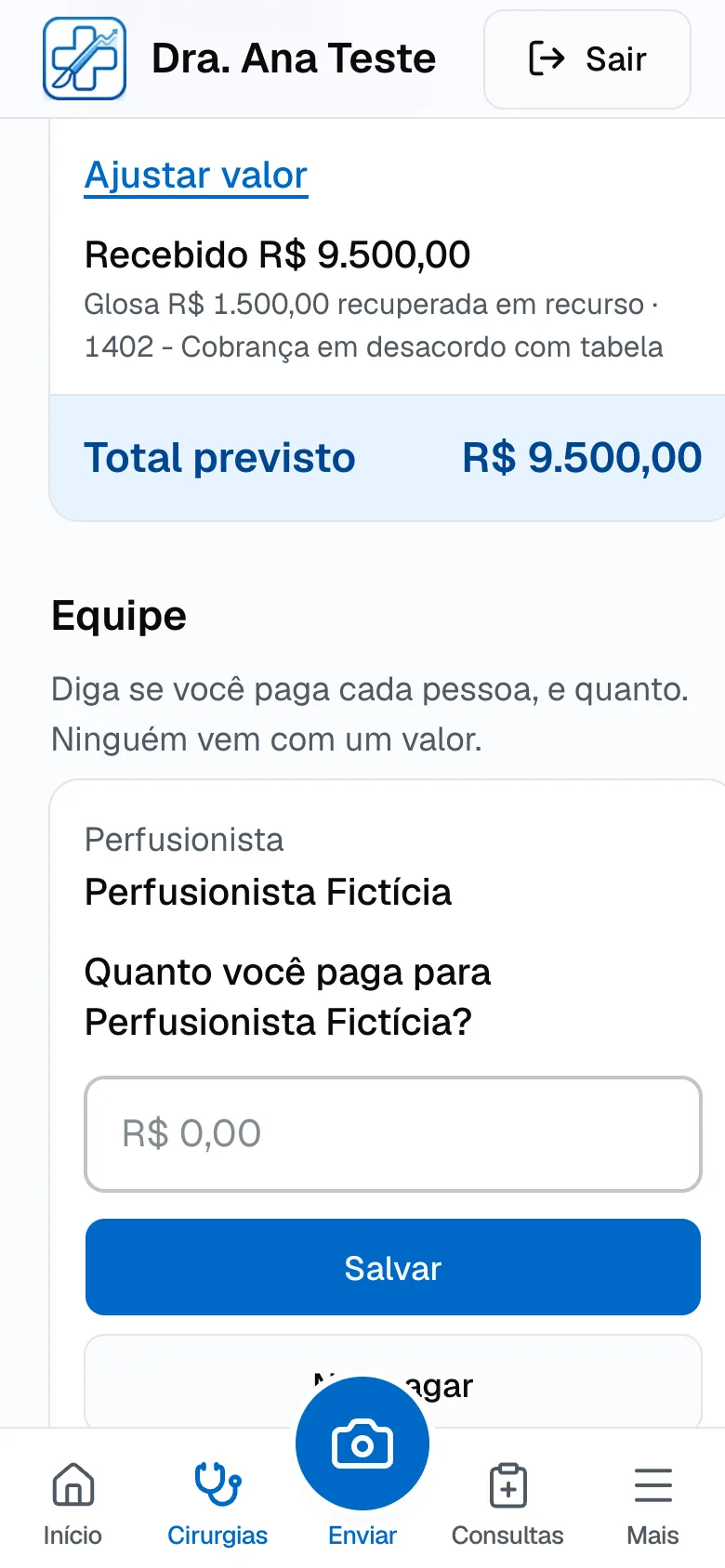 Valores de uma cirurgia: recebido, glosa recuperada em recurso e total previsto, seguidos da equipe