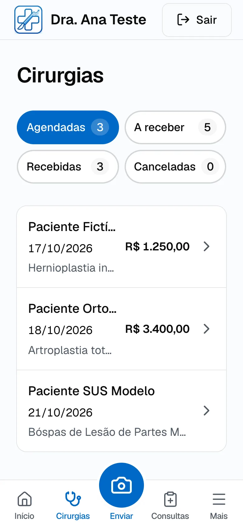 Lista de cirurgias com as abas Agendadas, A receber, Recebidas e Canceladas