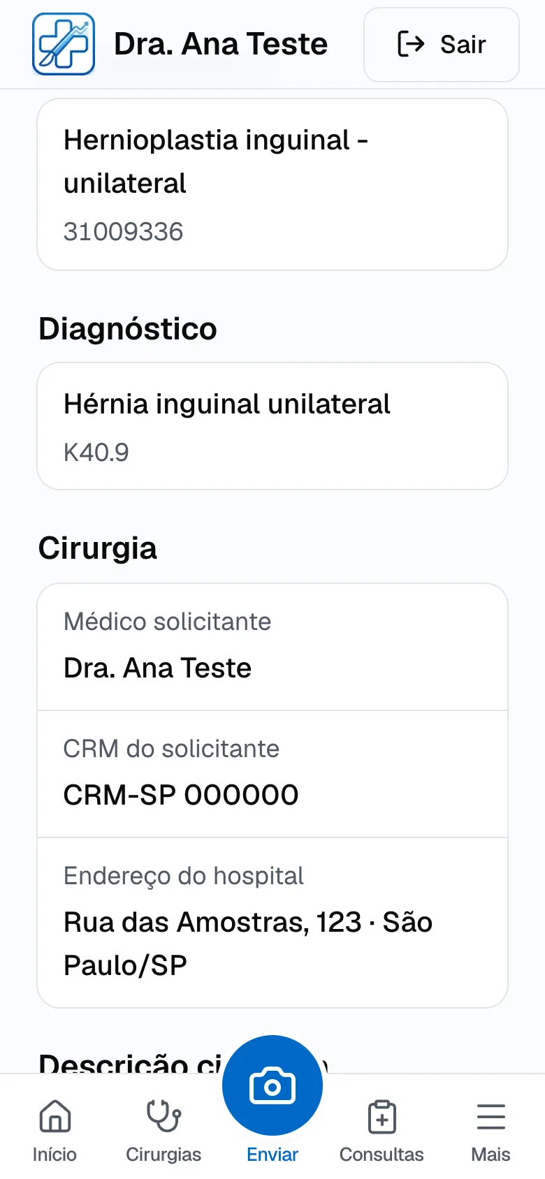 Conferência mostrando procedimento com código TUSS, diagnóstico com CID e dados do médico solicitante