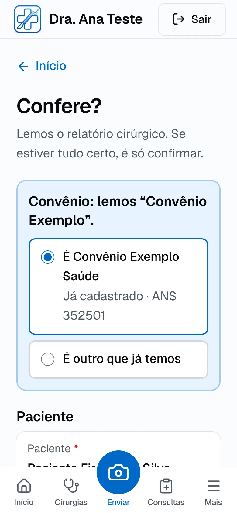 Tela Confere? com o convênio lido no documento e a opção de ligar ao convênio já cadastrado