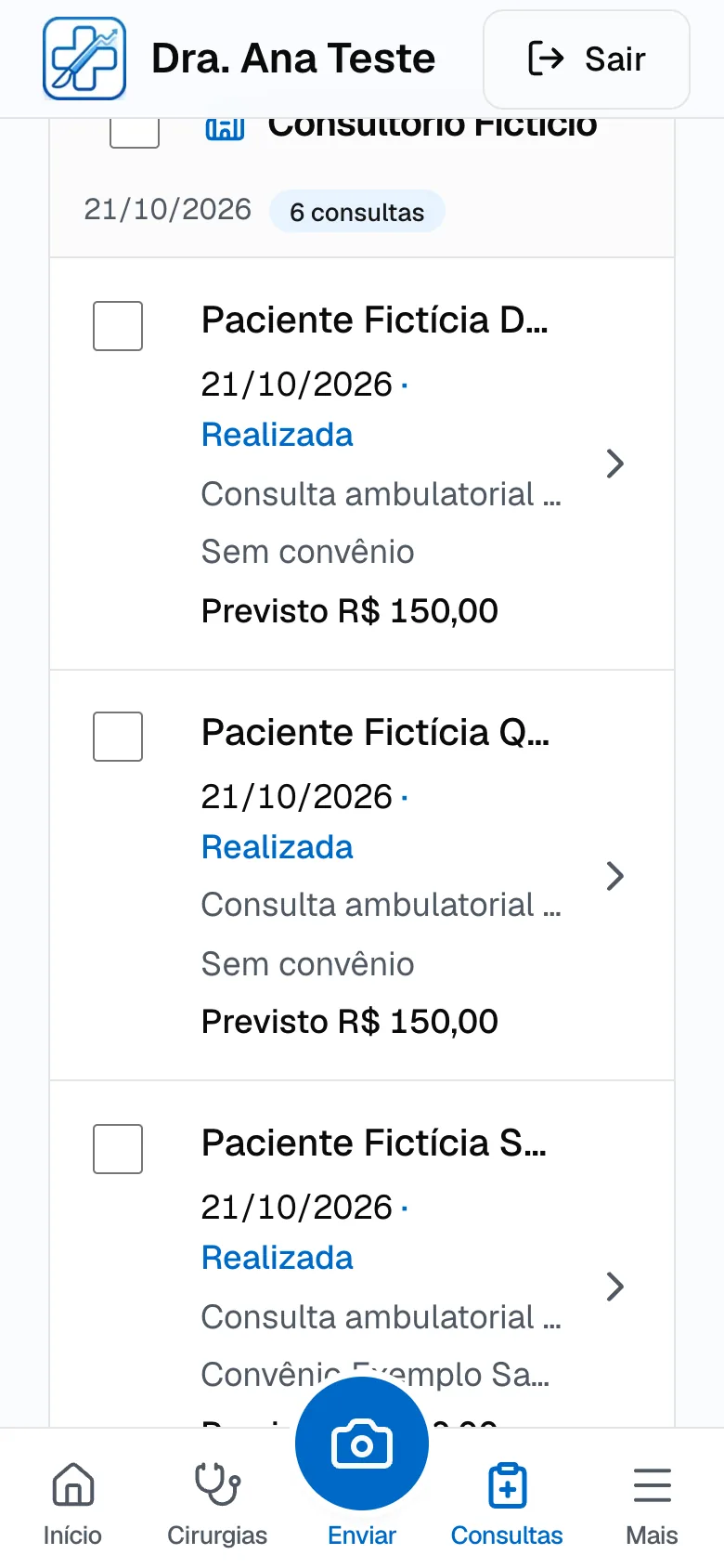 Lista de consultas fictícias do consultório, com a situação, o convênio e o valor previsto de cada uma