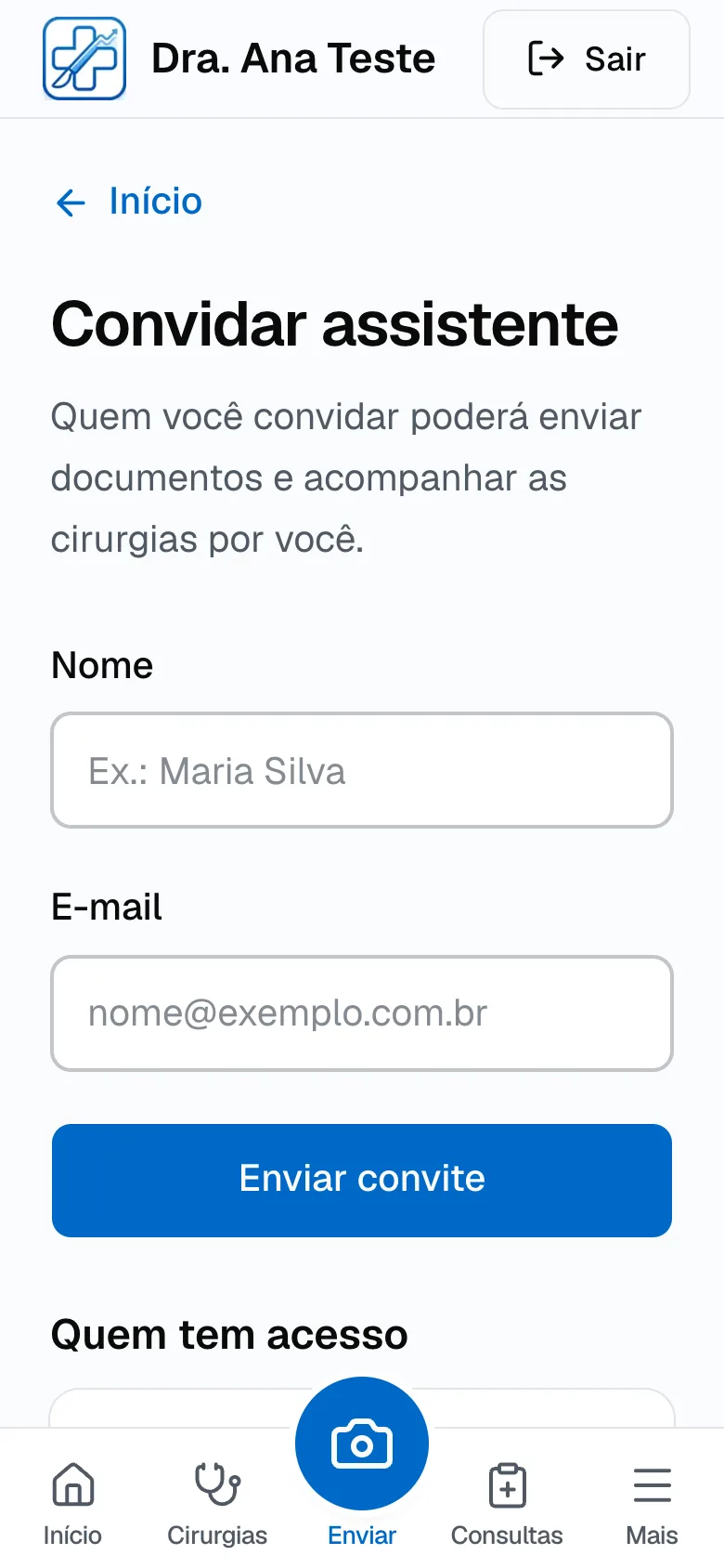 Tela Convidar assistente com os campos nome e e-mail e o botão Enviar convite