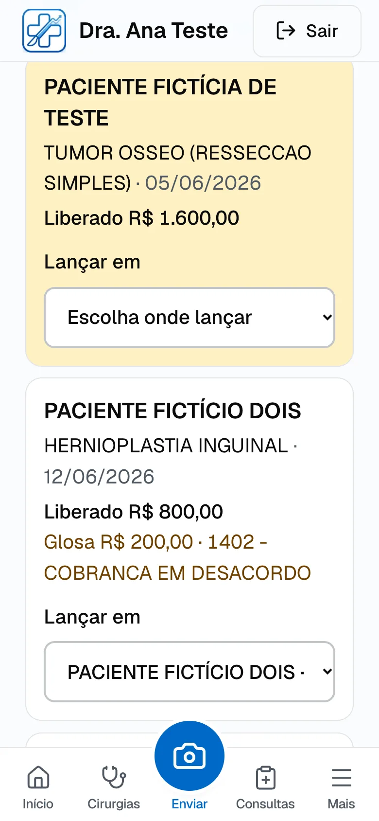 Conferência de um demonstrativo fictício: cada paciente com o valor liberado, a glosa e onde será lançado