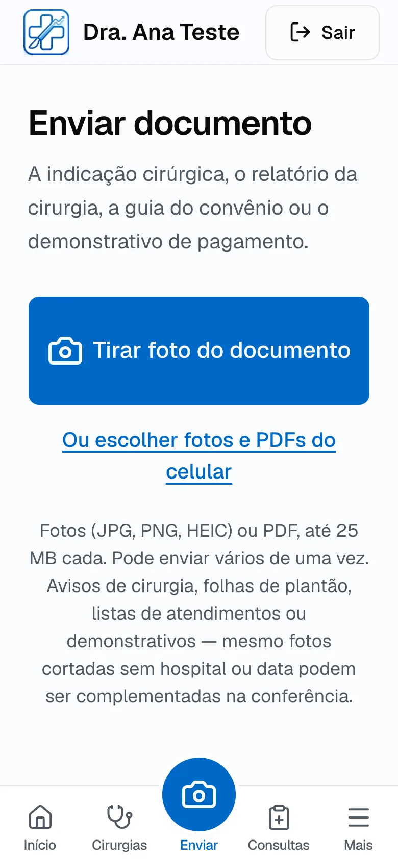 Tela Enviar documento, com o botão Tirar foto do documento e a opção de escolher fotos e PDFs