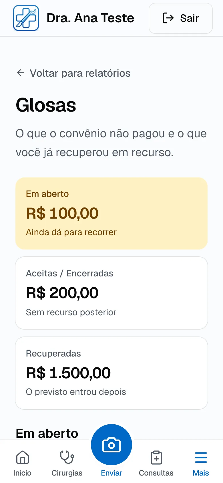 Relatório de glosas com os valores em aberto, aceitos e recuperados