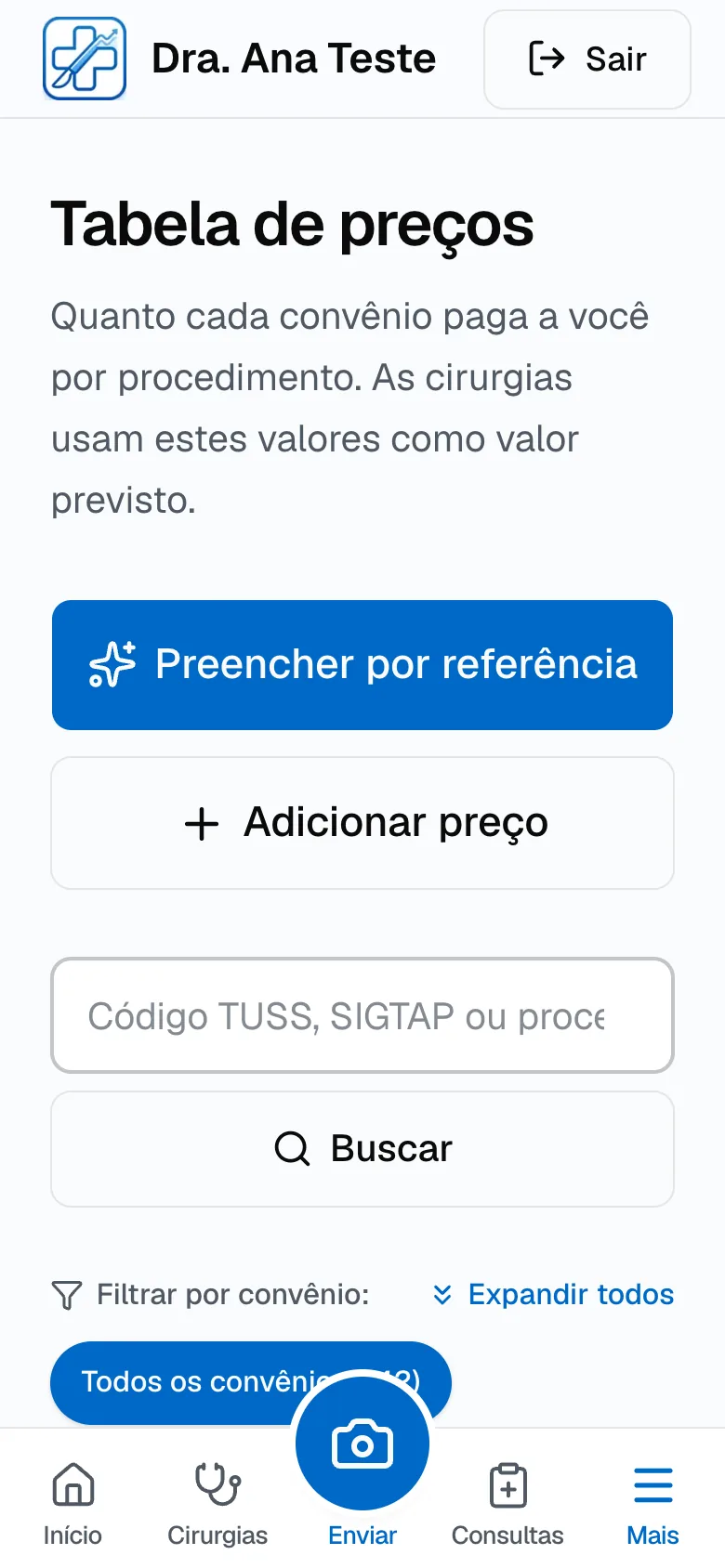 Tela Tabela de preços com os botões Preencher por referência e Adicionar preço